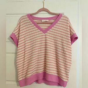 Lovely Melody Pink & Cream Striped V-Neck Short Sleeve Sweater